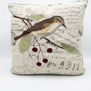 Embroidered Bird & Berries Accent Pillow – French Script Linen Style – 16" x 16"